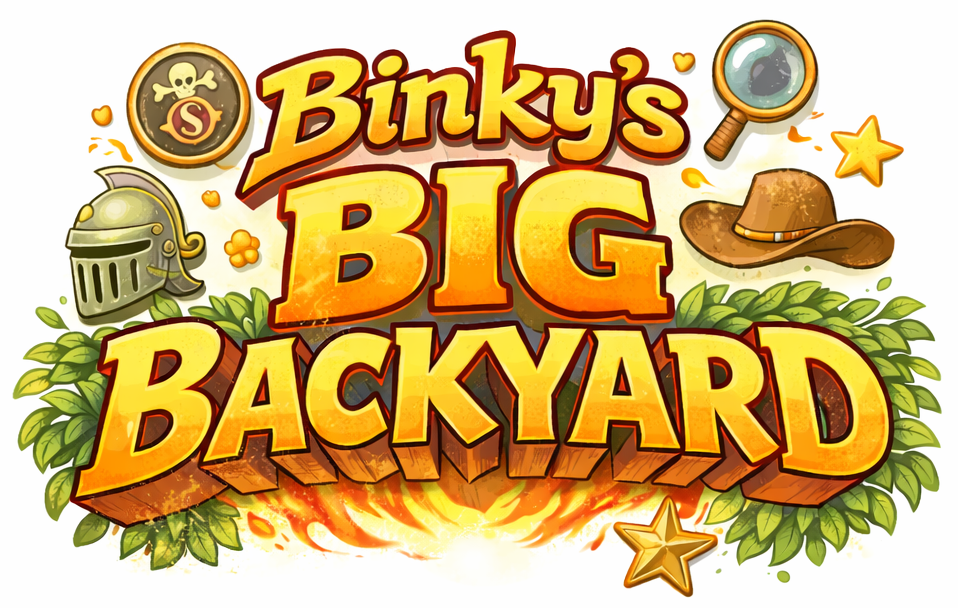 Binky holding the Adventure Box in the Binky's Big Backyard logo