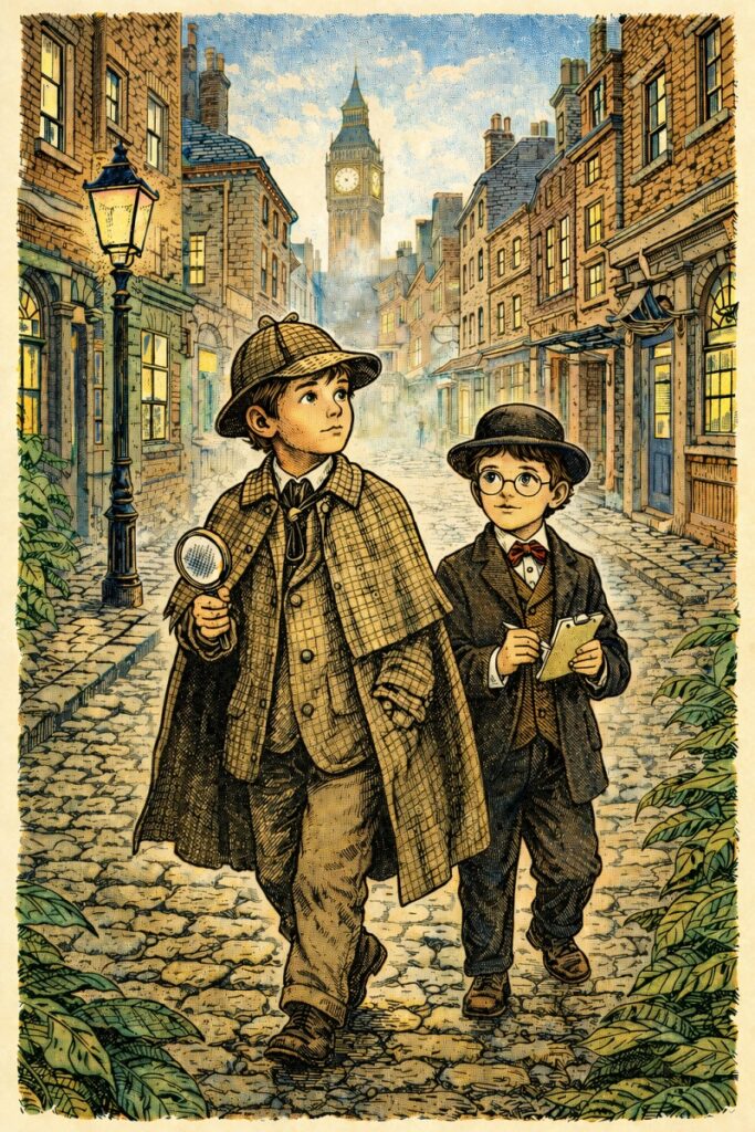 Detective Binky and his assistant Watty search for clues in a mysterious city during a Detective World adventure in Binky’s Big Backyard.