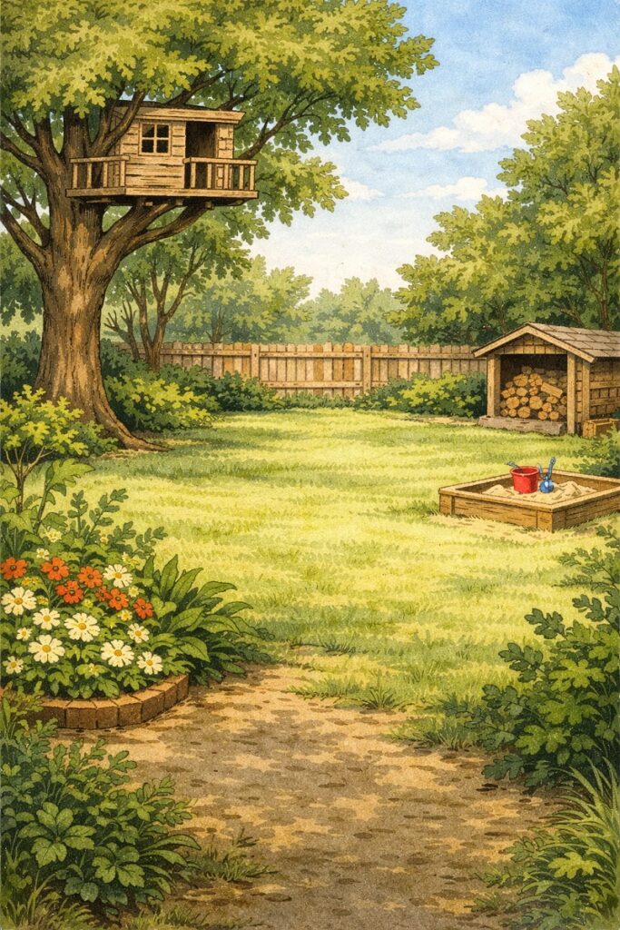 The backyard where Binky’s daily adventures begin in Binky’s Big Backyard, featuring the treehouse, sandbox, and woodshed.