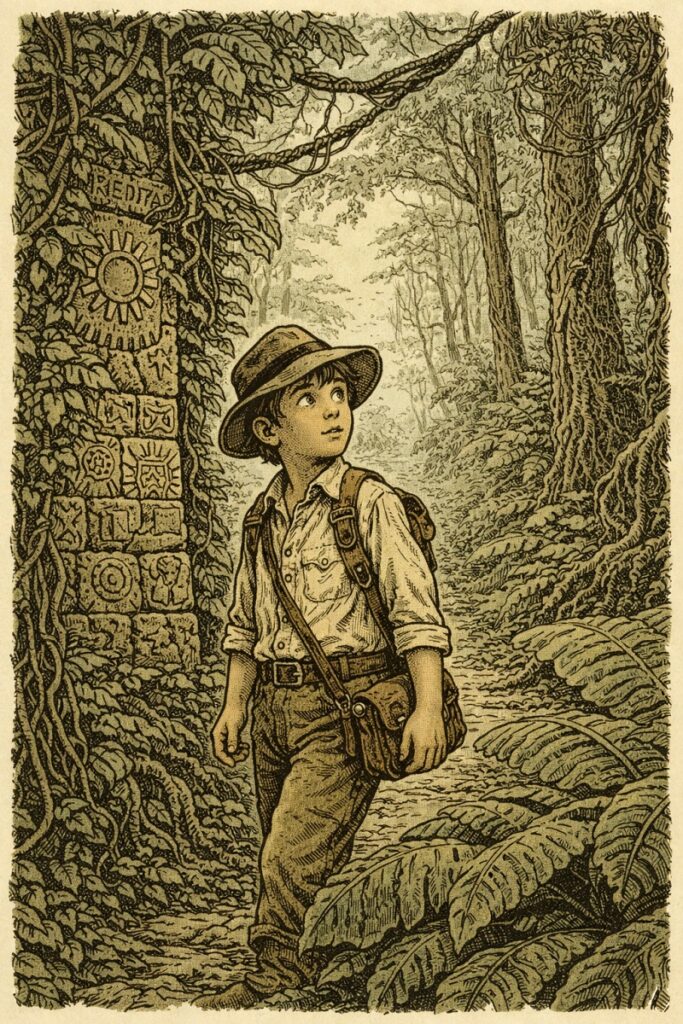 Binky explores ancient ruins deep in the jungle during a Jungle World adventure in Binky’s Big Backyard.