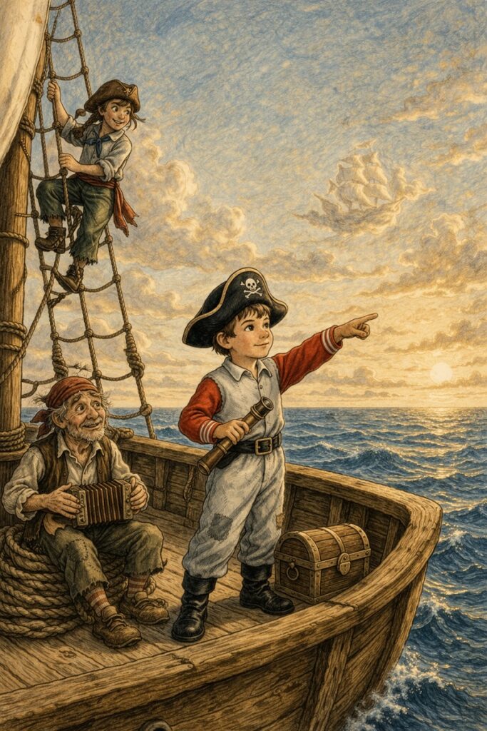 Binky sails the open sea in Pirate World while searching for adventure aboard his pirate ship.