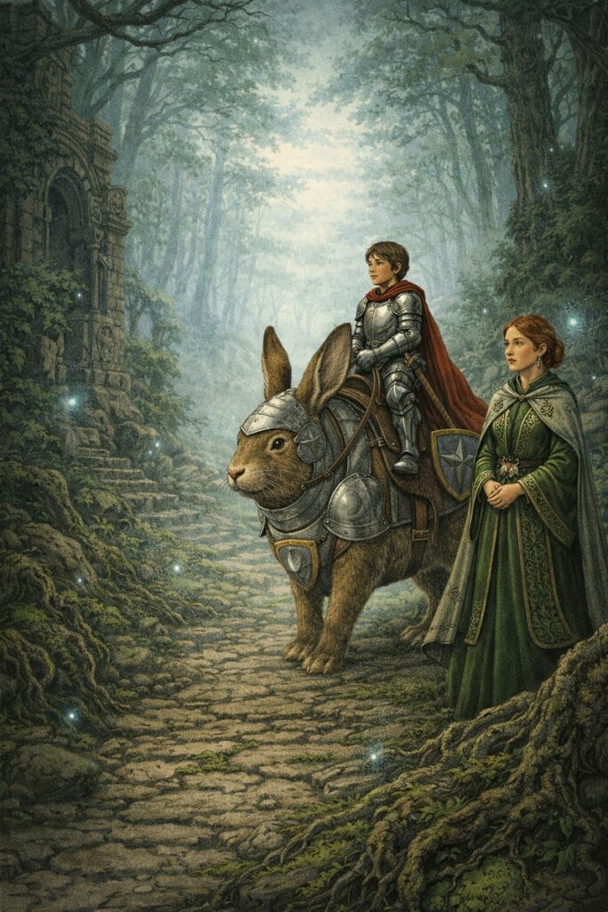 Sir Binky rides Pip the giant armored hare alongside Lady Thistlewick in Regal Realm from Binky’s Big Backyard.