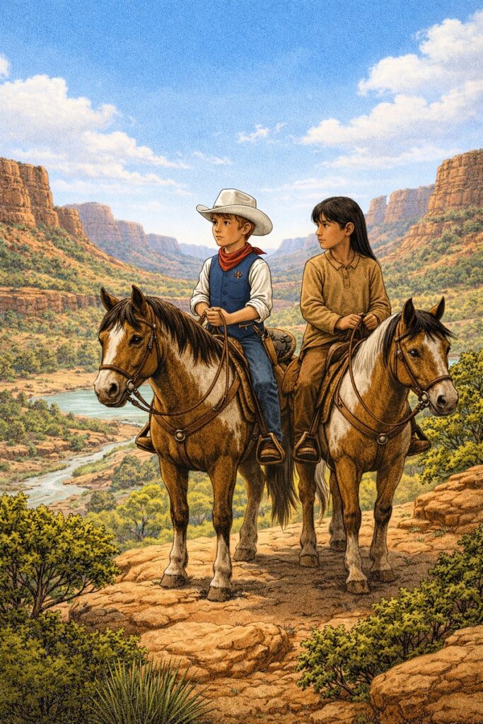 Binky and Isiasti ride horseback through Silver Mesa during a western adventure in Binky’s Big Backyard.