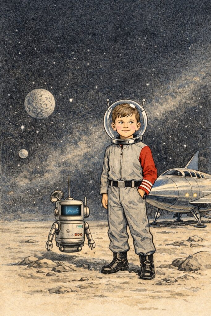 Commander Binky and his robot companion HB explore a distant planet in Space World from Binky’s Big Backyard.