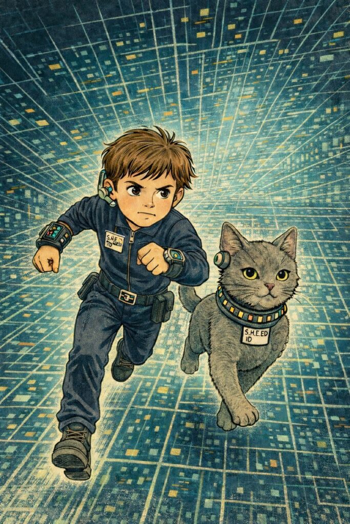 Agent Blink and his cat partner Cipher race through a secret digital world during a spy mission in Binky’s Big Backyard.